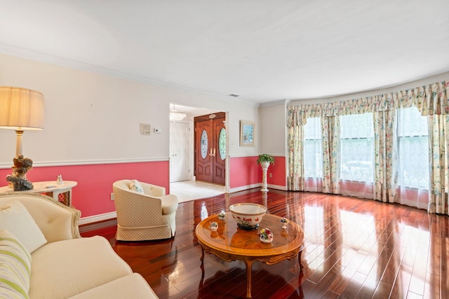 14 Battle Row, Old Bethpage, NY 11804 - living area featuring hardwood / wood-style flooring, baseboards, and crown molding