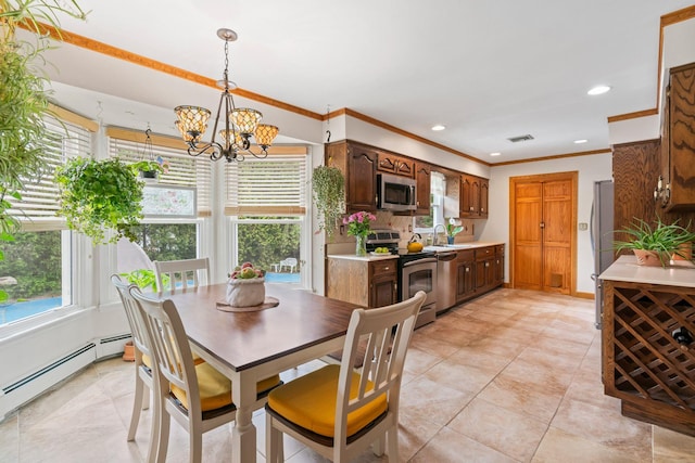 14 Battle Row, Old Bethpage, NY 11804 - dining room with a chandelier, crown molding, a baseboard heating unit, recessed lighting, and light tile patterned flooring
