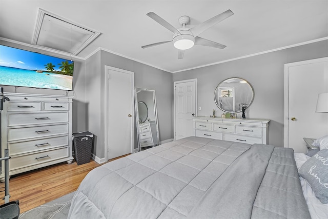 2808 Philip Ave, Bronx, NY 10465 - bedroom with attic access, wood finished floors, crown molding, and ceiling fan