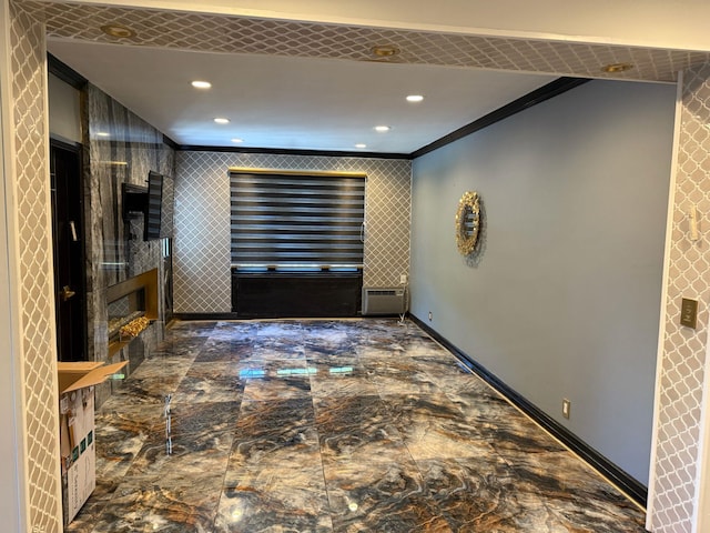 255 Central Ave Unit 202-A, Lawrence, NY 11559 - hall featuring crown molding, a wall mounted AC, recessed lighting, and baseboards