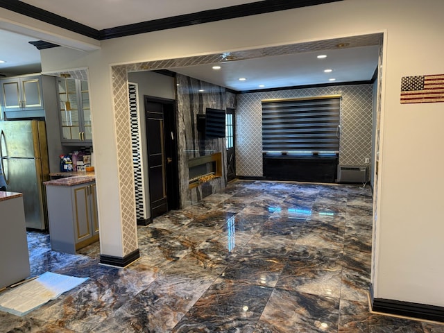255 Central Ave Unit 202-A, Lawrence, NY 11559 - corridor featuring crown molding, marble look tiles, and recessed lighting