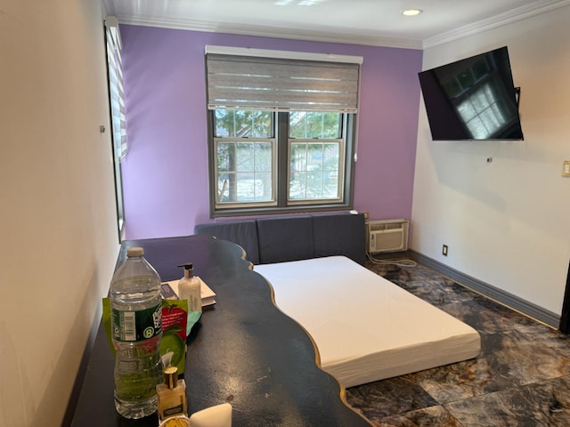 255 Central Ave Unit 202-A, Lawrence, NY 11559 - bedroom featuring crown molding, a wall mounted AC, and baseboards