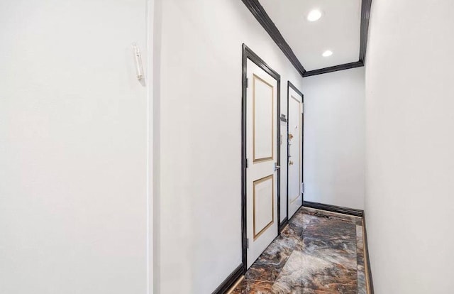 255 Central Ave Unit 202-A, Lawrence, NY 11559 - doorway featuring crown molding, marble look tiles, and recessed lighting