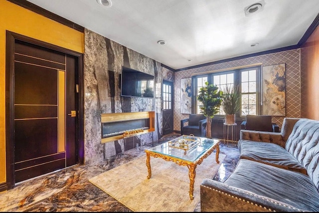255 Central Ave Unit 202-A, Lawrence, NY 11559 - living area featuring ornamental molding, marble tiled floors, and a premium fireplace