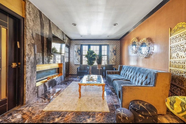 255 Central Ave Unit 202-A, Lawrence, NY 11559 - living room with ornamental molding and marble finish flooring