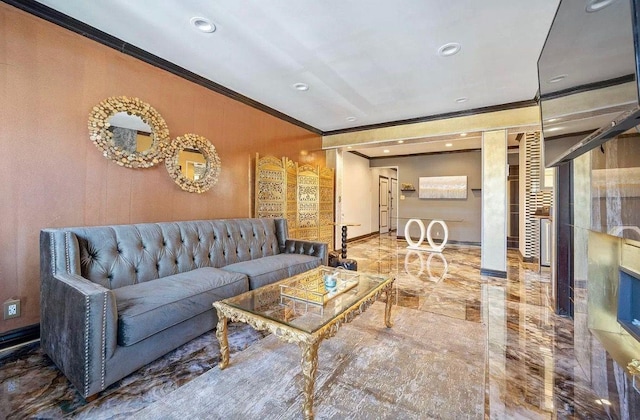 255 Central Ave Unit 202-A, Lawrence, NY 11559 - living room with crown molding, marble tiled floors, and recessed lighting