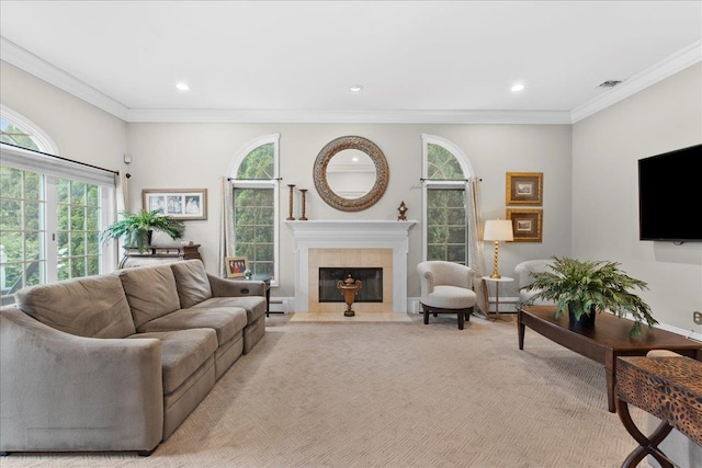 40 Carlisle Ln, East Islip, NY 11730 - living area featuring healthy amount of natural light, light colored carpet, baseboard heating, ornamental molding, and a fireplace