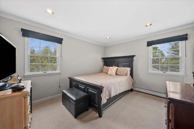 40 Carlisle Ln, East Islip, NY 11730 - bedroom featuring a baseboard radiator, light colored carpet, baseboards, recessed lighting, and ornamental molding