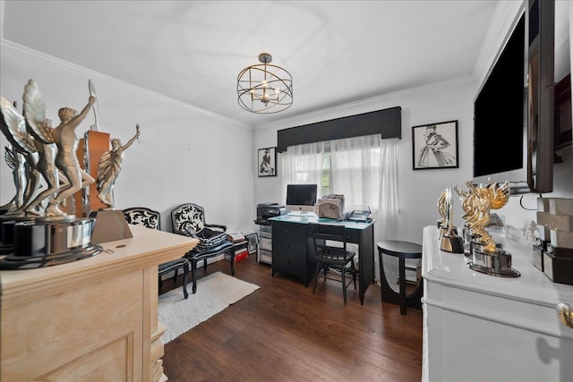 40 Carlisle Ln, East Islip, NY 11730 - office space with dark wood-style floors, ornamental molding, and a chandelier