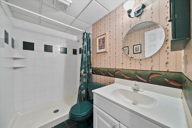 40 Carlisle Ln, East Islip, NY 11730 - bathroom featuring wallpapered walls, a stall shower, toilet, vanity, and tile patterned flooring
