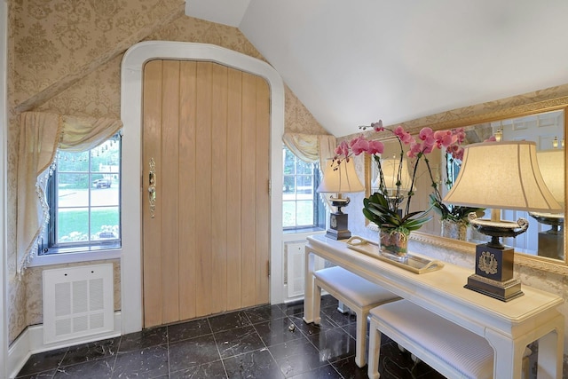 106 Garden Rd, Scarsdale, NY 10583 - foyer entrance featuring vaulted ceiling and wallpapered walls