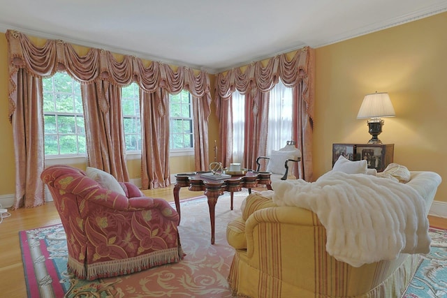 106 Garden Rd, Scarsdale, NY 10583 - living area featuring ornamental molding, wood finished floors, and baseboards