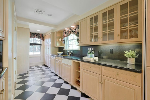 106 Garden Rd, Scarsdale, NY 10583 - kitchen with open shelves, dark flooring, a sink, dark countertops, and backsplash