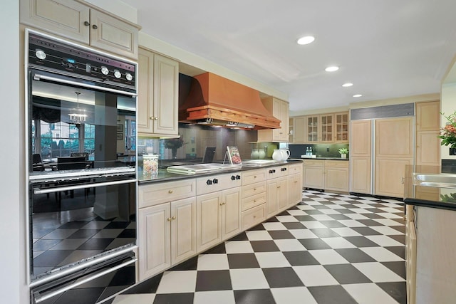 106 Garden Rd, Scarsdale, NY 10583 - kitchen featuring premium range hood, light flooring, a warming drawer, paneled fridge, and tasteful backsplash