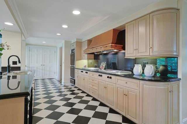 106 Garden Rd, Scarsdale, NY 10583 - kitchen with custom exhaust hood, tile patterned floors, a sink, double wall oven, and dark countertops