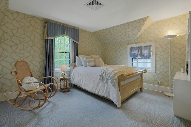106 Garden Rd, Scarsdale, NY 10583 - carpeted bedroom with wallpapered walls, lofted ceiling, and baseboards