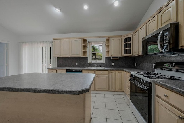 5 Charles St, Selden, NY 11784 - kitchen with black appliances, lofted ceiling, light brown cabinets, and open shelves