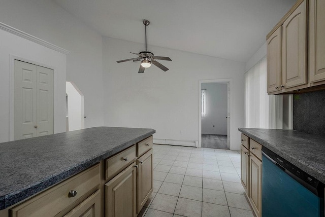 5 Charles St, Selden, NY 11784 - kitchen featuring dishwasher, dark countertops, vaulted ceiling, ceiling fan, and a baseboard radiator