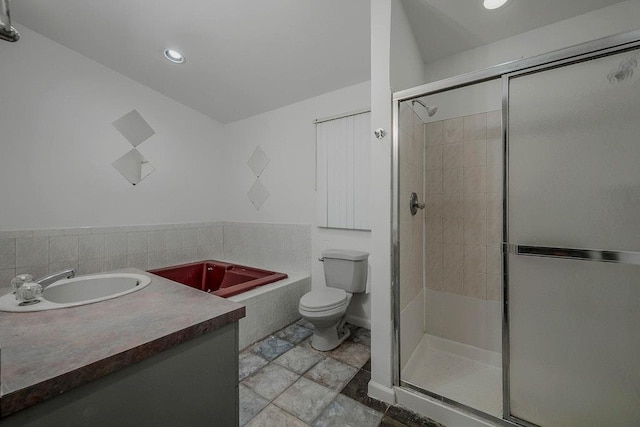 5 Charles St, Selden, NY 11784 - bathroom featuring a shower stall, toilet, a bath, recessed lighting, and vanity