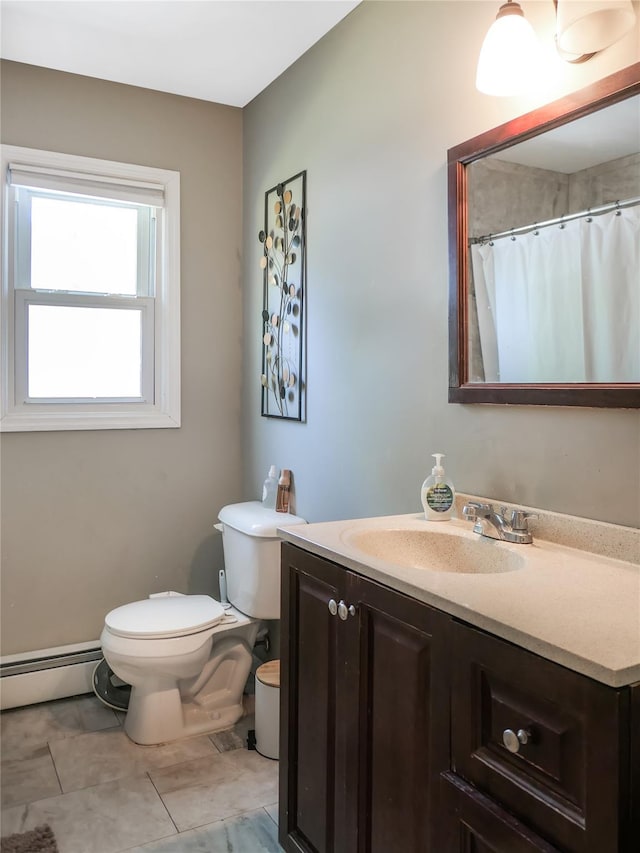 110 Sound Beach Blvd, Sound Beach, NY 11789 - full bath featuring a baseboard heating unit, toilet, vanity, and curtained shower