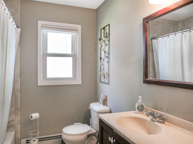110 Sound Beach Blvd, Sound Beach, NY 11789 - bathroom featuring toilet, a shower with shower curtain, baseboard heating, vanity, and a tub