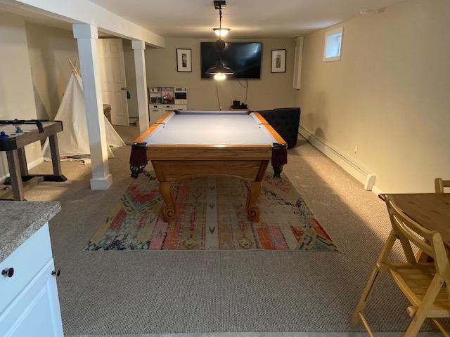 110 Sound Beach Blvd, Sound Beach, NY 11789 - recreation room with carpet, a baseboard radiator, baseboards, and billiards