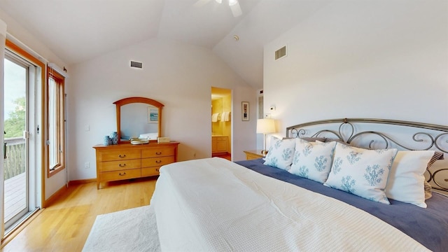 70 Jean Ct, Riverhead, NY 11901 - bedroom featuring access to exterior, vaulted ceiling, light wood finished floors, a ceiling fan, and ensuite bath