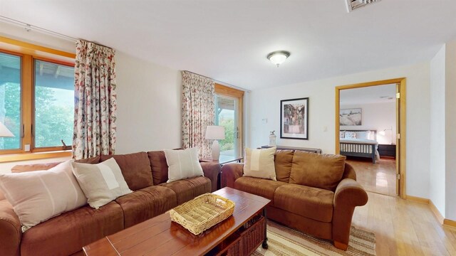 70 Jean Ct, Riverhead, NY 11901 - living room featuring light wood-type flooring, radiator heating unit, and baseboards