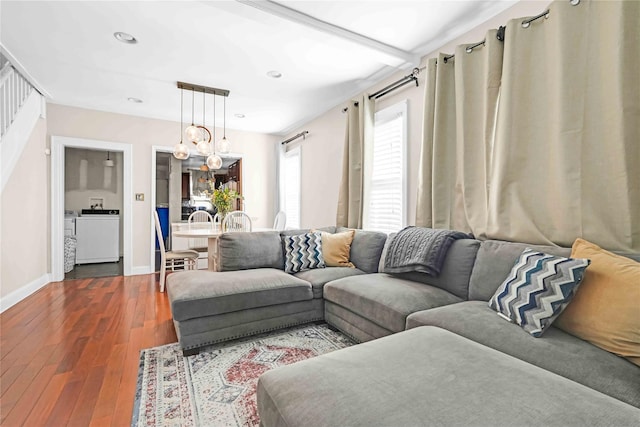 225-35 106th Ave, Queens Village, NY 11429 - living room featuring washing machine and dryer, dark wood-type flooring, baseboards, recessed lighting, and a chandelier