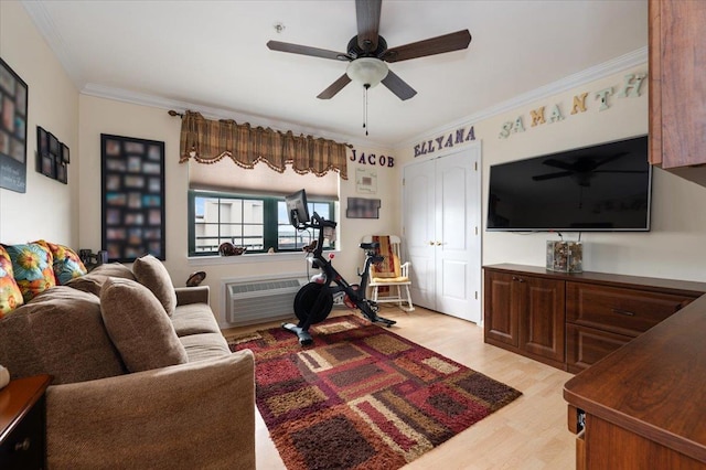 26 W Broadway Unit 1002, Long Beach, NY 11561 - living area featuring ceiling fan, light wood finished floors, crown molding, and a wall mounted air conditioner