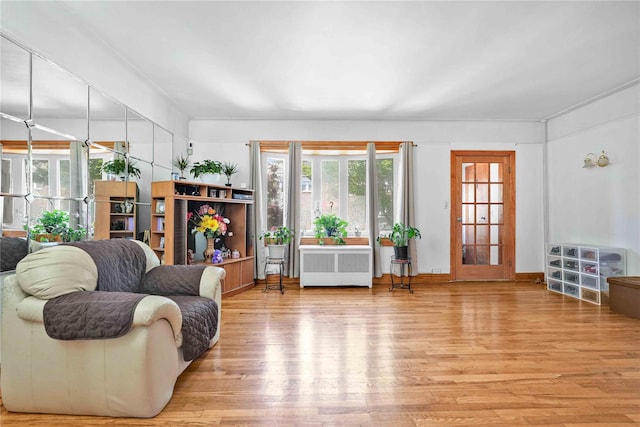 113-23 204th St, Saint Albans, NY 11412 - living area with radiator heating unit, wood finished floors, and baseboards