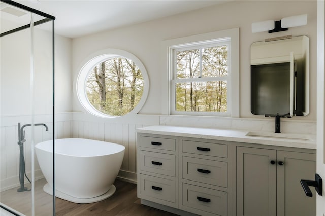 258 Fox Run Rd, Salt Point, NY 12578 - bathroom featuring a wainscoted wall, wood finished floors, a freestanding tub, vanity, and a shower stall