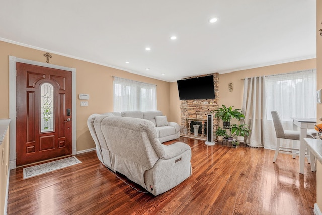 5 Willets Dr, Syosset, NY 11791 - living room featuring wood finished floors, a fireplace, crown molding, recessed lighting, and baseboards