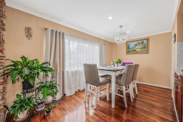 5 Willets Dr, Syosset, NY 11791 - dining space featuring crown molding, a chandelier, dark wood finished floors, recessed lighting, and baseboards