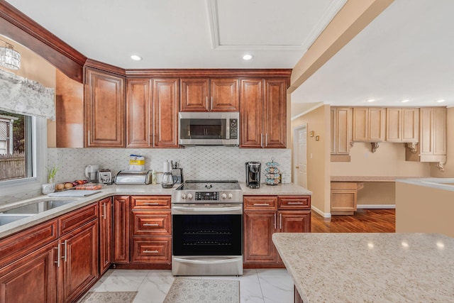 5 Willets Dr, Syosset, NY 11791 - kitchen with appliances with stainless steel finishes, decorative backsplash, light stone counters, recessed lighting, and light marble finish flooring