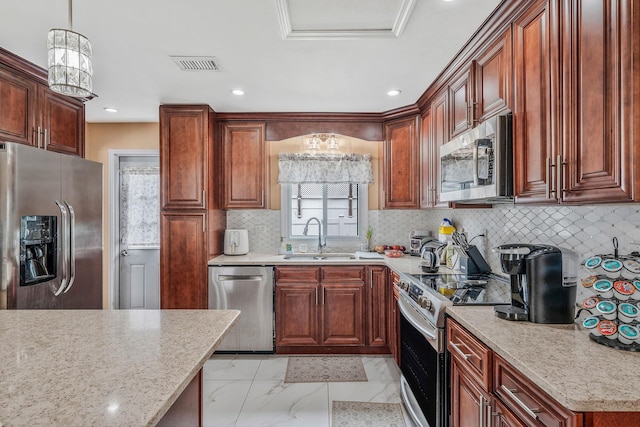5 Willets Dr, Syosset, NY 11791 - kitchen with appliances with stainless steel finishes, a sink, light marble finish floors, backsplash, and recessed lighting