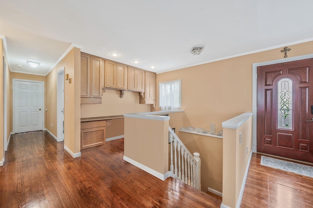 5 Willets Dr, Syosset, NY 11791 - kitchen with dark wood-style flooring, crown molding, baseboards, and recessed lighting