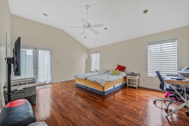 5 Willets Dr, Syosset, NY 11791 - bedroom featuring wood finished floors, an office area, vaulted ceiling, baseboards, and a ceiling fan