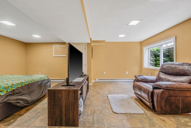 5 Willets Dr, Syosset, NY 11791 - living area with a baseboard radiator, stone tile flooring, and baseboards