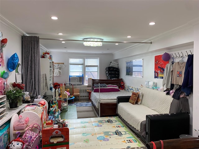 42-40 Bowne St Unit 5C, Flushing, NY 11355 - bedroom featuring ornamental molding, recessed lighting, and cooling unit