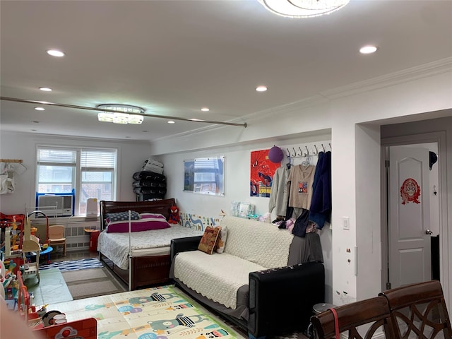 42-40 Bowne St Unit 5C, Flushing, NY 11355 - bedroom with crown molding, recessed lighting, and cooling unit