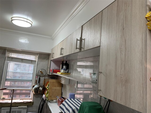 42-40 Bowne St Unit 5C, Flushing, NY 11355 - kitchen with ornamental molding and modern cabinets