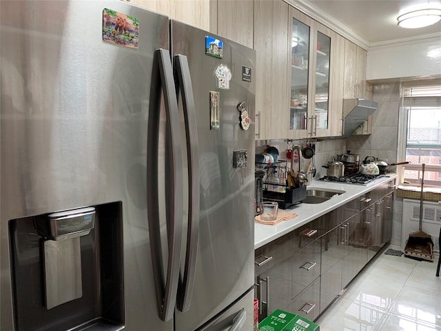 42-40 Bowne St Unit 5C, Flushing, NY 11355 - kitchen with appliances with stainless steel finishes, light countertops, light tile patterned flooring, decorative backsplash, and glass insert cabinets