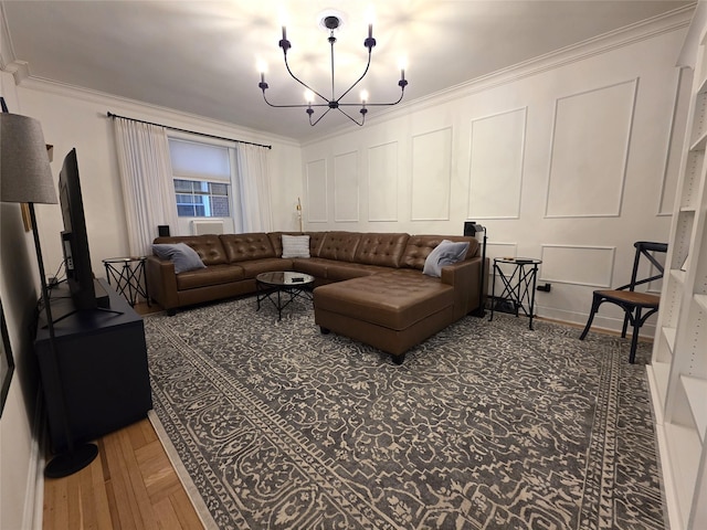 117-01 Park Ln S Unit A3C, Kew Gardens, NY 11415 - living room with a decorative wall, crown molding, and a chandelier