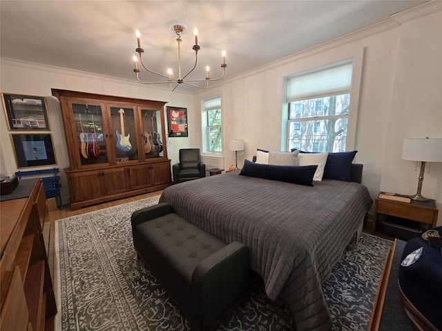 117-01 Park Ln S Unit A3C, Kew Gardens, NY 11415 - bedroom with a chandelier, ornamental molding, and wood finished floors