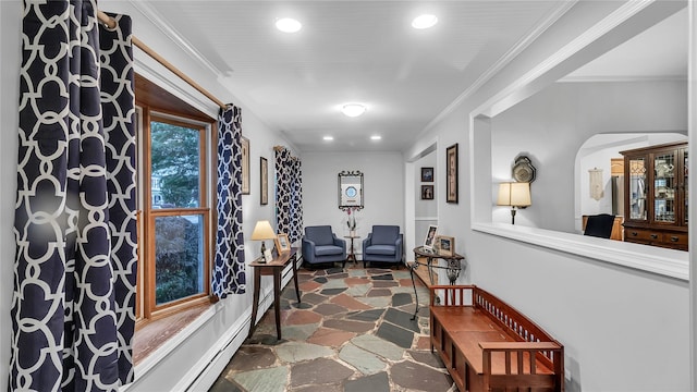 110 Driscoll Ave, Rockville Centre, NY 11570 - hallway with arched walkways, recessed lighting, crown molding, and stone finish floors