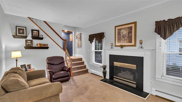 110 Driscoll Ave, Rockville Centre, NY 11570 - living room with a baseboard heating unit, stairway, carpet, a fireplace, and ornamental molding