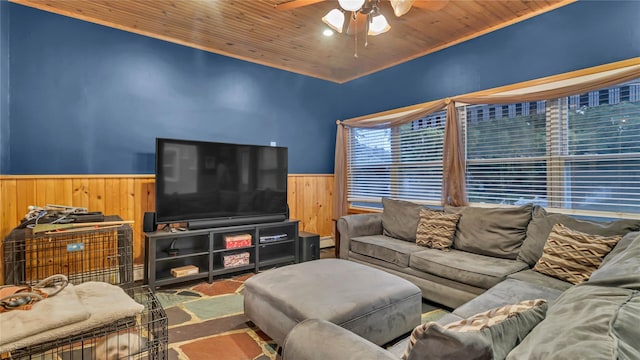 110 Driscoll Ave, Rockville Centre, NY 11570 - living room with a wainscoted wall, wood ceiling, a ceiling fan, and wooden walls