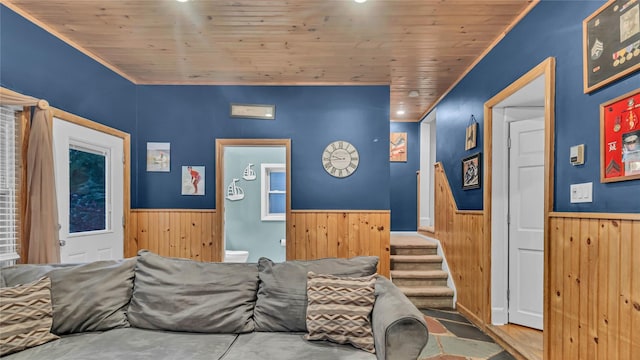 110 Driscoll Ave, Rockville Centre, NY 11570 - living area with a wainscoted wall, wooden ceiling, and wood walls