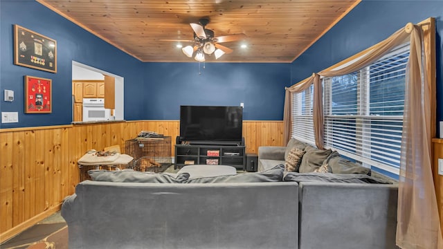 110 Driscoll Ave, Rockville Centre, NY 11570 - living room featuring a wainscoted wall, wood walls, ceiling fan, and wooden ceiling